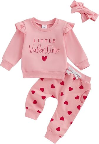 Toddler Baby Girl Valentine's Day Outfit Letter Ruffle Long Sleeve Sweatshirt Heart Print Pants Clothes Set in Kuwait