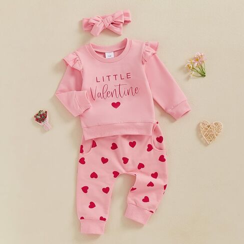 Toddler Baby Girl Valentine's Day Outfit Letter Ruffle Long Sleeve Sweatshirt Heart Print Pants Clothes Set in Kuwait