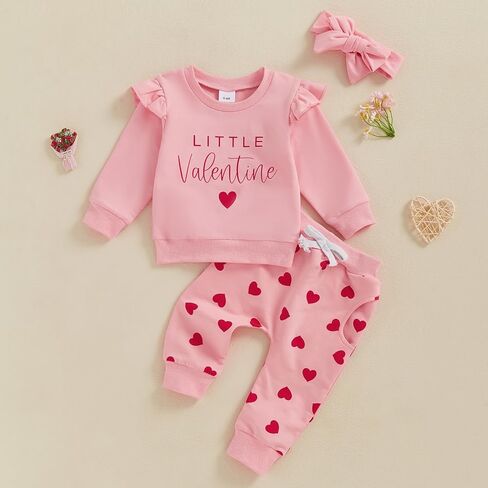 Toddler Baby Girl Valentine's Day Outfit Letter Ruffle Long Sleeve Sweatshirt Heart Print Pants Clothes Set in Kuwait