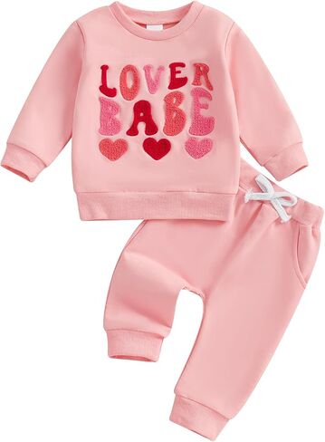 Toddler Baby Girl Valentine's Day Outfit Letter Ruffle Long Sleeve Sweatshirt Heart Print Pants Clothes Set in Kuwait