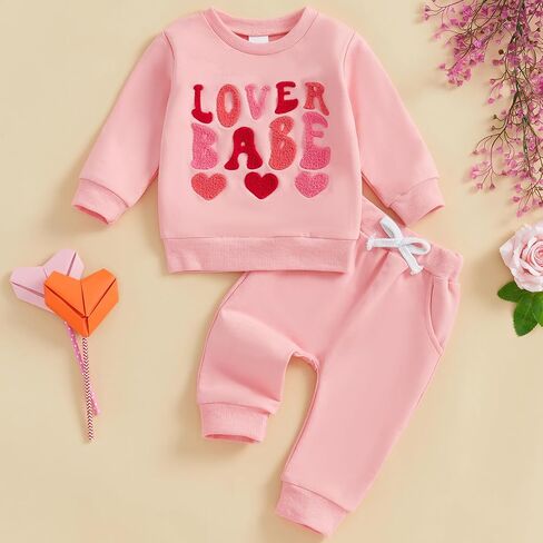 Toddler Baby Girl Valentine's Day Outfit Letter Ruffle Long Sleeve Sweatshirt Heart Print Pants Clothes Set in Kuwait