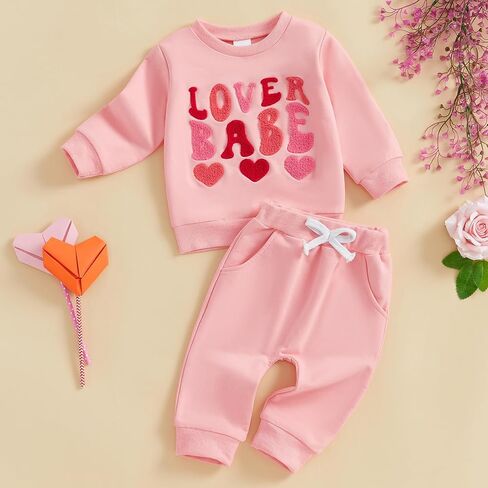 Toddler Baby Girl Valentine's Day Outfit Letter Ruffle Long Sleeve Sweatshirt Heart Print Pants Clothes Set in Kuwait