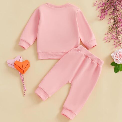 Toddler Baby Girl Valentine's Day Outfit Letter Ruffle Long Sleeve Sweatshirt Heart Print Pants Clothes Set in Kuwait