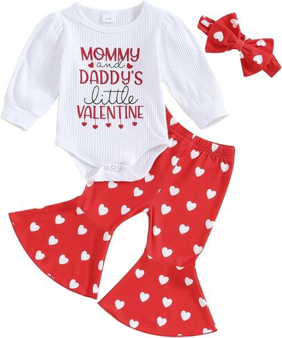 Springcmy Baby Girl Valentines Heart Outfit Long Ruffle Sleeve Romper + Flare Bell Bottans + Obder 3pcs مجموعة ملابس in Kuwait