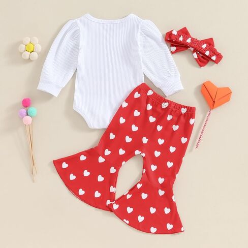 Springcmy Baby Girl Valentines Heart Outfit Long Ruffle Sleeve Romper + Flare Bell Bottans + Obder 3pcs مجموعة ملابس in Kuwait