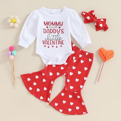 Springcmy Baby Girl Valentines Heart Outfit Long Ruffle Sleeve Romper + Flare Bell Bottans + Obder 3pcs مجموعة ملابس in Kuwait