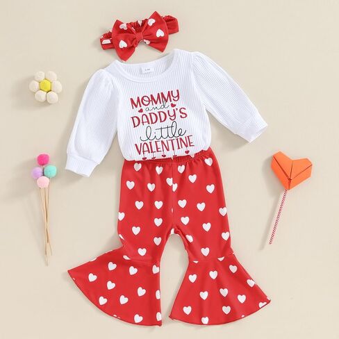 Springcmy Baby Girl Valentines Heart Outfit Long Ruffle Sleeve Romper + Flare Bell Bottans + Obder 3pcs مجموعة ملابس in Kuwait