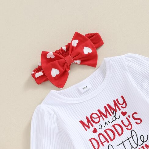 Springcmy Baby Girl Valentines Heart Outfit Long Ruffle Sleeve Romper + Flare Bell Bottans + Obder 3pcs مجموعة ملابس in Kuwait