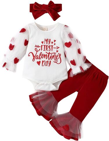 Springcmy Baby Girl Valentines Heart Outfit Long Ruffle Sleeve Romper + Flare Bell Bottans + Obder 3pcs مجموعة ملابس in Kuwait