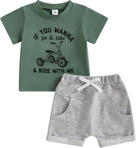 Toddler Baby Boy Summer Clothes Short Sleeve Tricycle Letter Print Shirt Elastic Waist Shorts Set Summer 2Pcs in Kuwait