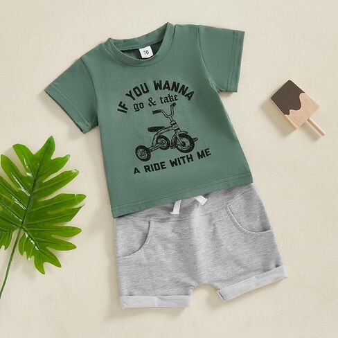 Toddler Baby Boy Summer Clothes Short Sleeve Tricycle Letter Print Shirt Elastic Waist Shorts Set Summer 2Pcs in Kuwait