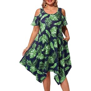 Pinup Fashion Plus Size Sundresses - Summer Casual Cold Shoulder Handkerchief Hem Midi Dress with Pockets