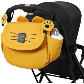 Universal Stroller Organizer with Bottle Holders, Cute Kitty Stroller Caddy Bag, Fits for All Baby Strollers, 2 Color, Big Capacity, Stroller Accessories (Yellow)
