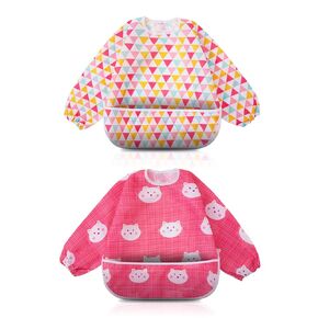 Little Dimsum Full Sleeved Feeding Bib 2 Pack,Baby & Toddler Waterproof Bib Apron,Food Protection Large Pocket Eating Smock 6-36 Months