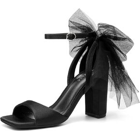 Women's Satin Wedding Heels with Bow, Block Chunky White Heels
