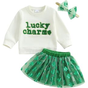 Toddler Baby Girl St Patricks Day Outfit Little Girl Clothes Skirt Set Lucky Charm Sweatshirt Clover Tutu Dress