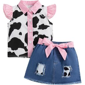 Lefyira Toddler Cowgirl Jean Outfit Cow Print Button Up Shirt Baby Girl Suspender Dress Bow Jeans Skirt Set Western Clothes