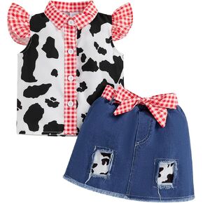 Lefyira Toddler Cowgirl Jean Outfit Cow Print Button Up Shirt Baby Girl Suspender Dress Bow Jeans Skirt Set Western Clothes