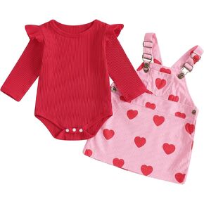 Newborn Baby Girl Valentines Day Outfit Heart Print Ruffle Long Sleeve Romper Suspender Skirt Overall Dress 2Pcs Set