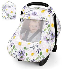 Car Seat Cover Baby, Windproof Carseat Cover for Baby Girls, Infant Warm Carseat Canopy with Double Layer Fabric for Winter, Compatible with Most Baby Car Seat, White Daisy