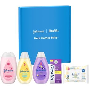 Here Comes Baby Gift Set, Baby Essentials for New Parents with Moisturizing Lotion, Bedtime Bath, Body Wash & Shampoo, Hand & Face Wipes, & Diaper Rash Cream, Hypoallergenic, 5 Items