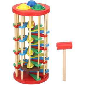 Wooden Ball Drop Toy,Pound Roll Ramp Toys Roll Wood Tower with Hammer for Toddlers