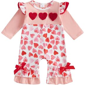 My Firist Valentines Day Outfit Baby Girl Layered Ruffle Jumpsuit Long Sleeve Heart Romper Cute Valentine Baby Clothes in Kuwait