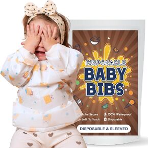 Disposable Bibs Individually Wrapped, Long Sleeve Bib with Crumb Catcher - Waterproof Baby Bibs (10 pack)