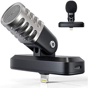 PALOVUE Portable MFi Certified Microphone with Lightning Connector for iPhone iPad, Professional Digital Stereo Cardioid Condenser Mic with Charging Port and 3.5mm Headphones Jack for Recording