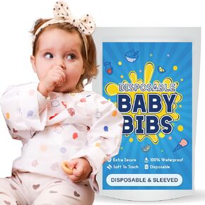 Disposable Bibs Individually Wrapped, Long Sleeve Bib with Crumb Catcher - Waterproof Baby Bibs (10 pack)