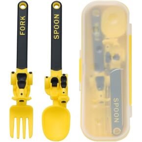 Construction Toddler Utensils-Toddler Forks and Spoons-,children's tableware set, fork and spoon, Portable Utensils Set for 1-7year old Toddlers-suitable for infants and young children use,yellow