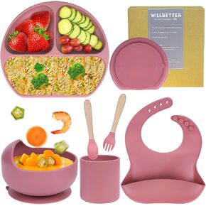 Silicone Baby Feeding Set|6 pcs Premium BPA-Free Baby Led Weaning Supplies with Suction Plates and Bowls Set,toddler self feeding Utensils with Spoons,Bibs,Cups|Baby feeding essentials for 6+ Months in Saudi Arabia