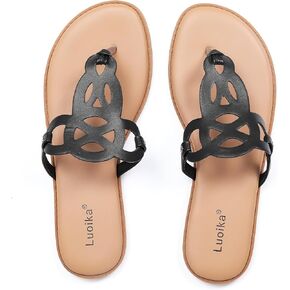 Luoika Women's Wide Width Flat Slides Sandals, Flip Flop Strappy Rhinestone Thong Sandals Comfortable Summer Beach Shoes for Women.