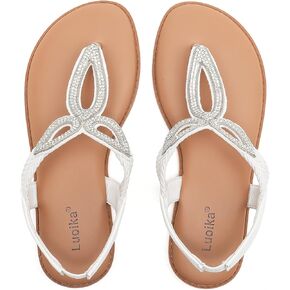 Luoika Women's Wide Width Flat Slides Sandals, Flip Flop Strappy Rhinestone Thong Sandals Comfortable Summer Beach Shoes for Women.