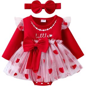 Valentines Baby Girl Outfits Newborn Valentines Day Romper Dress Long Sleeve Lace Ruffled Jumpsuit Headband Set