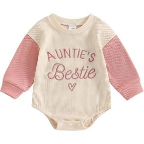 Lamuusaa Newborn Baby Girl Clothes Long Sleeve Aunties Bestie Embroidery Romper Waffle Bodysuit Shirt Fall Outfits