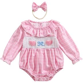 Infant Baby Girl Embroidered Romper Peter Pan Collar Long Sleeve Plaid Bubble Bodysuit Newborn Girl Outfit
