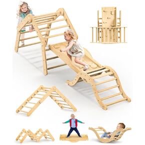 Extra Large Pikler Triangle Set, Deformable Toddler Climbing Toys Indoor, Climbing Toys for Toddlers 2-5 Inside with Arch&Ramp&Ladder, Foldable Indoor Jungle Gym with Over 20 Playing Modes, Natural
