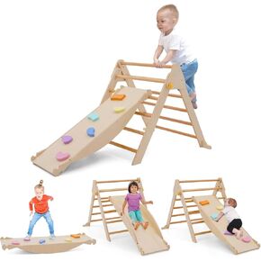 Pikler Triangle Set for Kids 3+, Toddler Climbing Toys Montessori Climbing Set with Foldable Pikler Triangle Ladder, Wooden Reversible Kids Climbing Slide Seesaw for Indoor/Outdoor