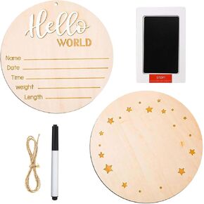 Baby Announcement Sign, ​5.9 Inch Wooden Hello World Newborn Signs with Ink Pad for Baby Hand and Footprints, Birth Announcement Sign (White)