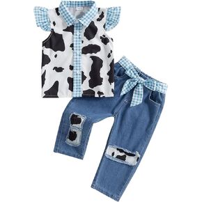 Lefyira Cowgirl Outfit Toddler Jean Pants مجموعة زراعة البقرة زر أعلى قميص الكشكش الأكمام بيلات غرب ملابس الطفلة in Kuwait
