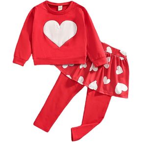 XFGLCK Toddler Girls Valentine's Day Outfits Heart Applique Embroidery Sweatshirts Top + Red Skirt Pant Set 1-6Y