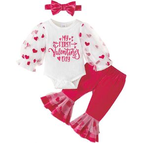 My First Valentine's Day Newborn Baby Girl Outfits Puff Sleeve Love Heart Print Romper Flare Pants Headband