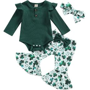 Newborn Baby Girl St Patricks Day Outfits Luck of The Irish Clothes Long Sleeve Romper Flare Pants Headband Set 3pcs