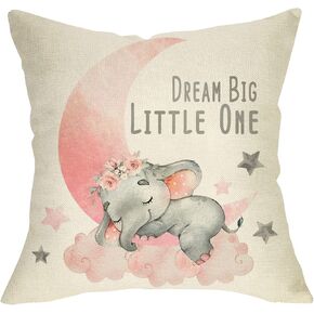 Elephant Dream Big Little One Home Decorative Throw Pillow Cover, Pink Moon Cloud Cushion Case 18x18 for Girl Kid Bedroom Nursery Sofa Couch Decor Inspirational Quote Baby Shower Decoration Gift
