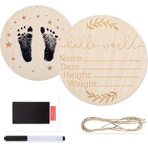 Baby Announcement Sign, Wooden Hello World Newborn Sign Welcome Baby Sign with Marker Pen and Ink Pad for Baby Hand Footprints Birth Baby Name Plaques for Baby Shower Hospital Nursery