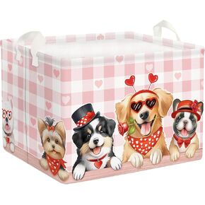Clastyle 36L Valentine's Day Heart Dog Gift Basket Pink Checkered Red Love Flower Storage Bin Rectangle Clothes Toy Box Book Shelf Basket