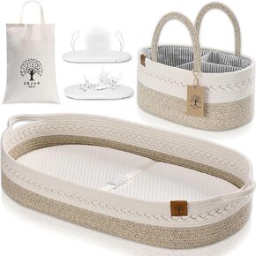 J&JOO Baby Changing Basket Includes Diaper Caddy - Portable, Breathable, Changing Table Topper, Changing Pad for Dresser, Cotton Rope Baby Basket, Baby Mat, Gift for Baby Shower