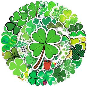 St Patricks Day Stickers for Kids & Adults 50PCS Shamrock Stickers Waterproof 4 Leaf Clover Sticker Green Irish Self-Adhesive Gift Labels Water Bottle Sticker Decals Classroom Party Decoration