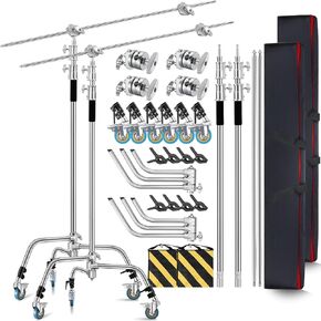 2-Packs Heavy Duty C Stand with Wheels and Boom Arm Adjustable 10.8ft 100% Stainless Steel Reflector Light Stand C-Stand with Grip Head&Sandbag&Clamps&Carry Bag for Photography Studio Video Shooting
